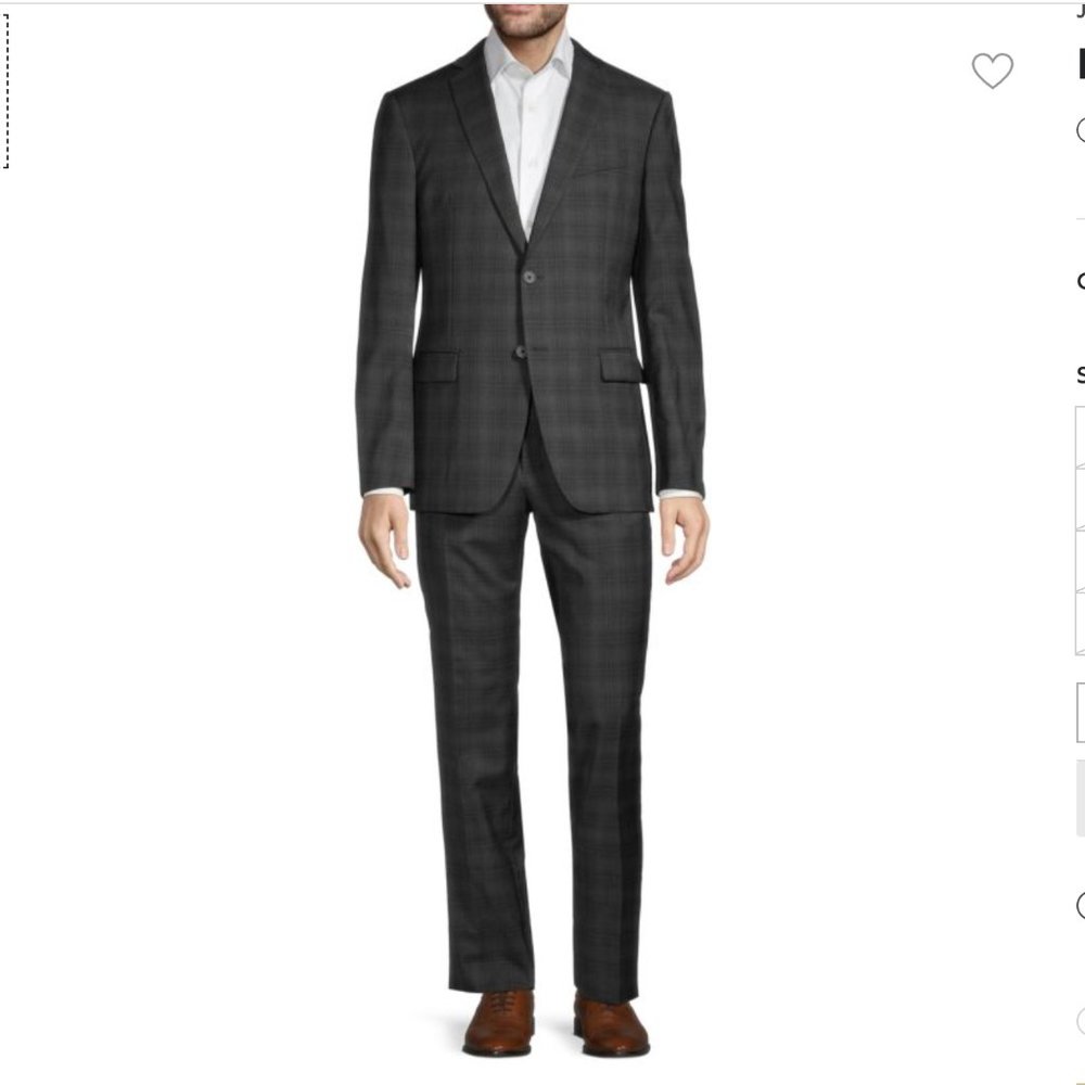 John Varvatos gray black plaid lightweight wool 2 piece suit 52R